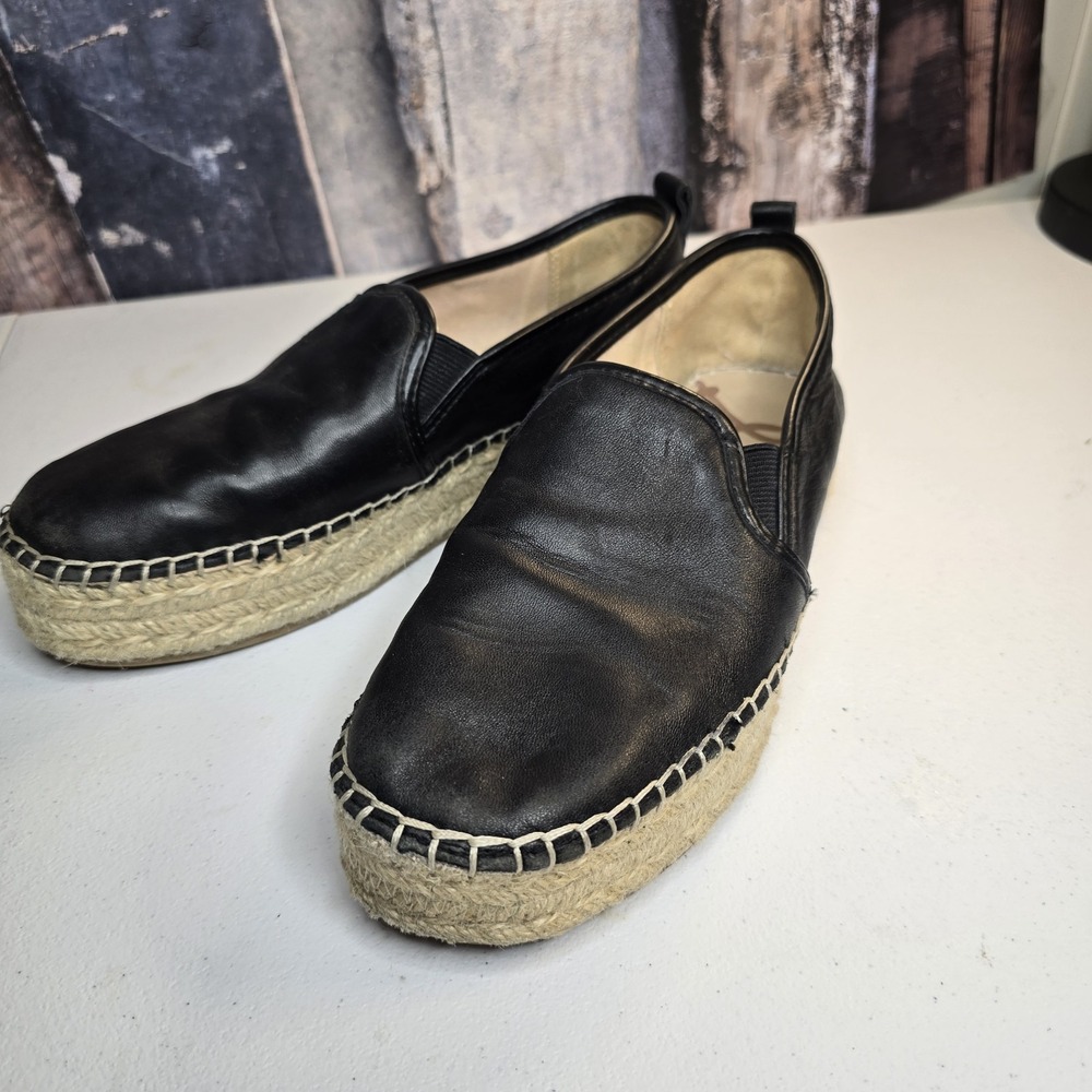 Sam Edelman Shoes Womens‎ Size 8 Black Leather Espadrille Slip On Jute Flats